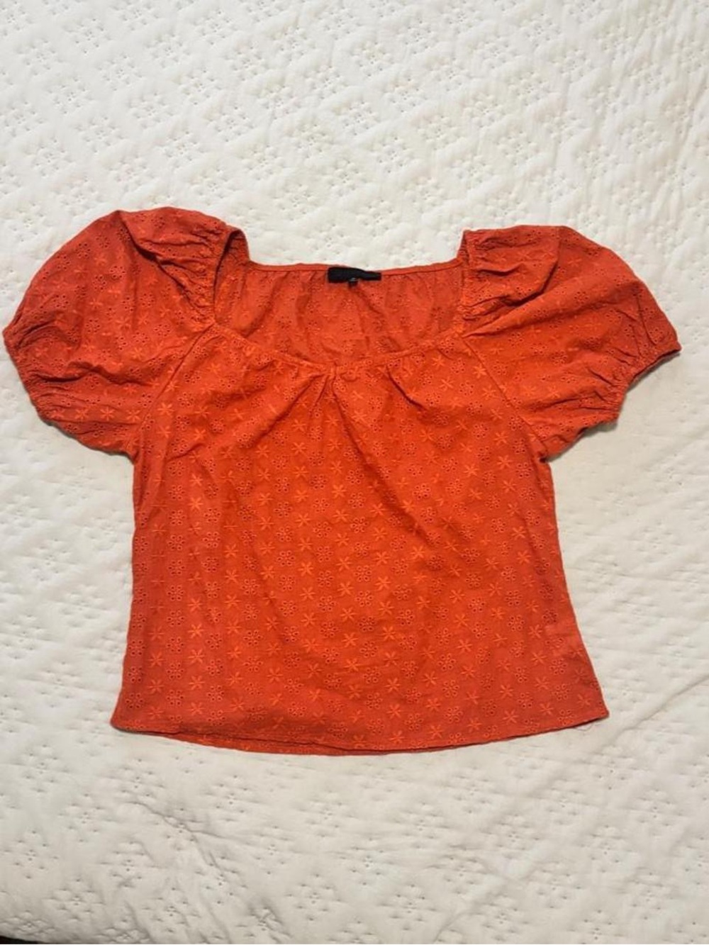 Women’s Square-Neck Orange Eyelet Puff-Sleeve Blouse